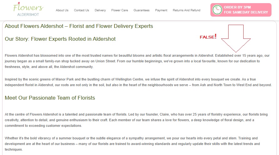 Misleading Florist Websites Claiming Aldershot Location